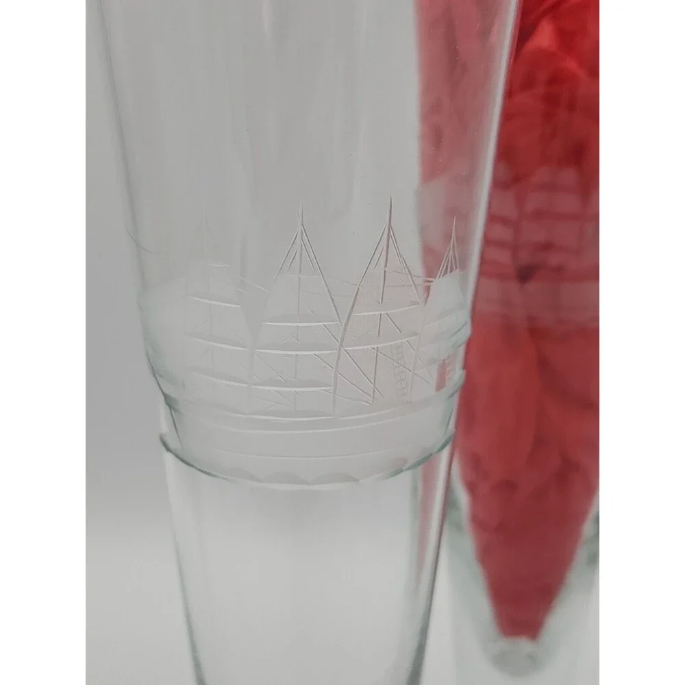 VTG Crystal Etched Pilsner Glasses Clipper Sailing Ship 10 1/8